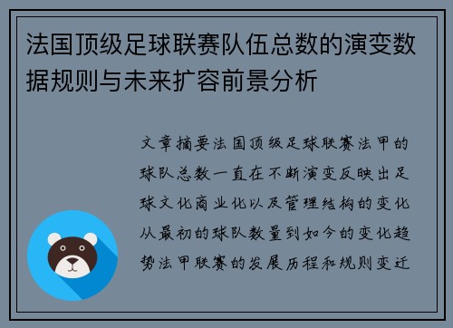 法国顶级足球联赛队伍总数的演变数据规则与未来扩容前景分析