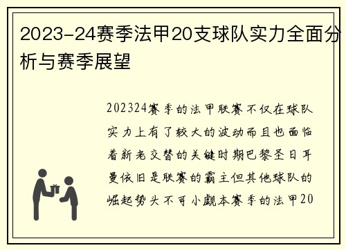 2023-24赛季法甲20支球队实力全面分析与赛季展望