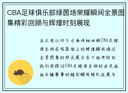 CBA足球俱乐部绿茵场荣耀瞬间全景图集精彩回顾与辉煌时刻展现