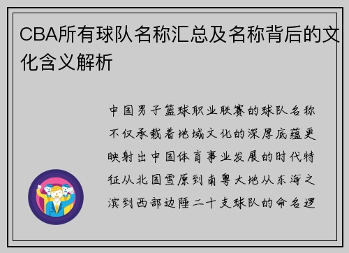 CBA所有球队名称汇总及名称背后的文化含义解析